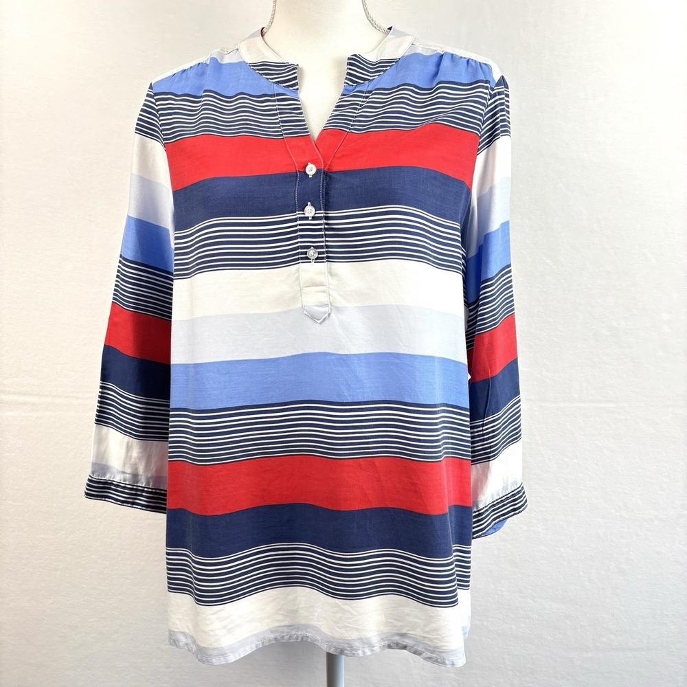 Talbots Striped Blouse Top Red White Blue 3/4 Career Lightweight Large Petite PL
